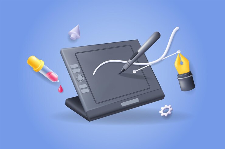 Digitaal kunstconcept 3D illustratie Pictogramsamenstelling met grafisch tablet met penpipet