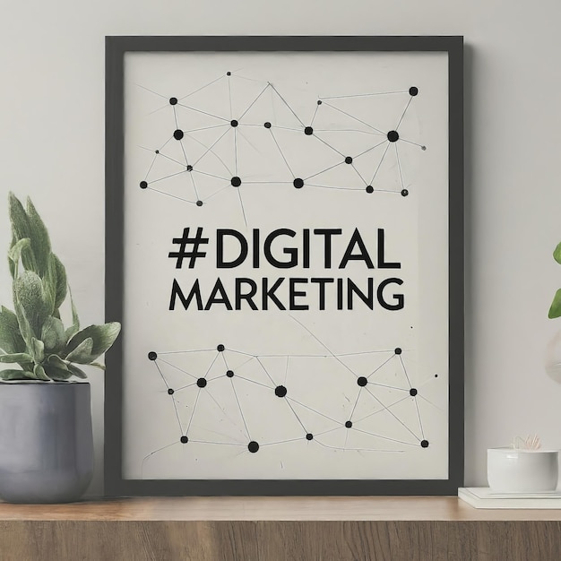 Digitaal marketingconcept met een modern ontwerp op een houten bureau digitaal marketingkoncept met een