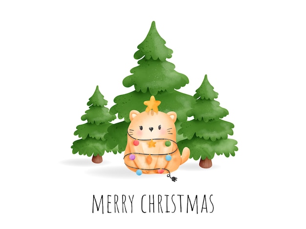 Digitaal schilderen aquarel meowy kerstkaart. kerst kat vector.