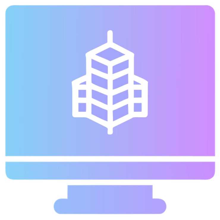Vector digitaal tweeling icoon met een 3d-gebouw en een computerscherm in blauwe tonen icoon