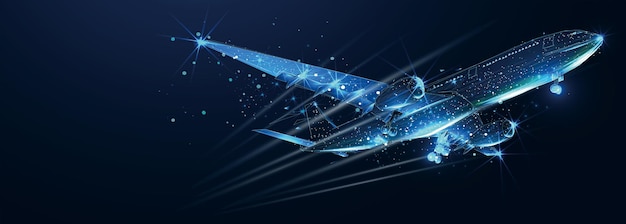 Digital 3d airplane Abstract vector wireframe of airliner in the blue background Travel tourism business transportation concept Low poly dark blue mesh with dots lines and glowing stars