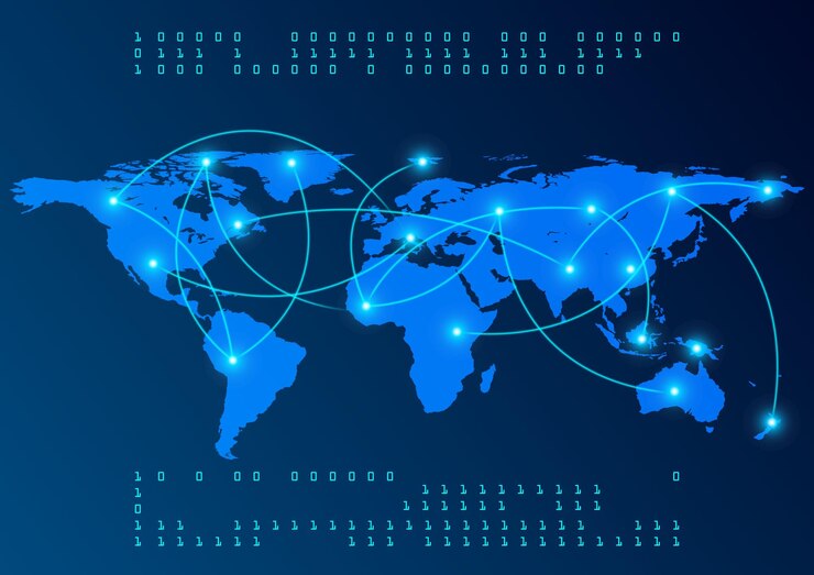 Vector digital abstract background world map glow with link network communication technology futuristic