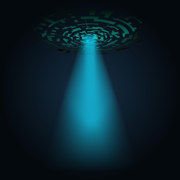 Digital abstract UFO with a ray of light shining down on a dark background Ring geometric shape