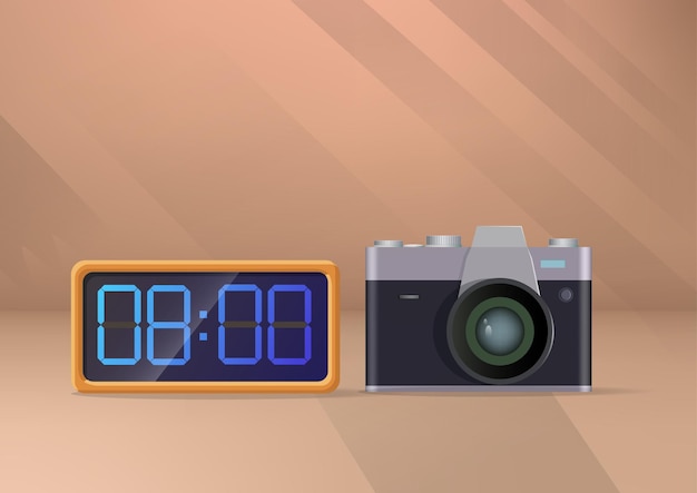 Vector digital alarm clock and vintage camera