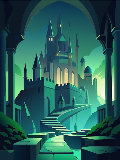 A digital art of a castle with a castle in the background