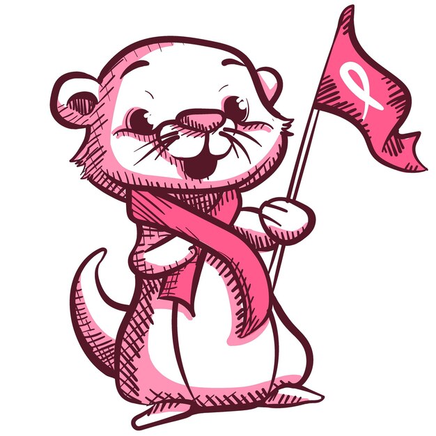 Vector digital art of a cute cartoon otter with a tie and a pink flag with the breast cancer ribbon