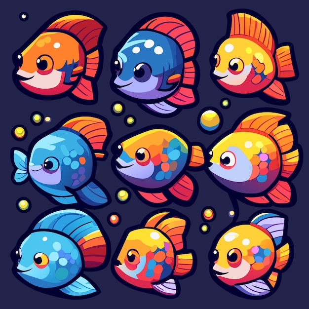 Digital Art Fish Characters for Gaming Vector Collection