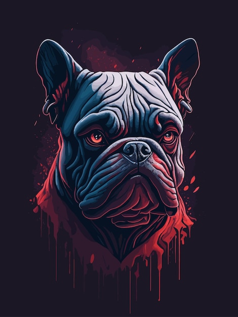 A digital art of a french bulldog with a dark background.