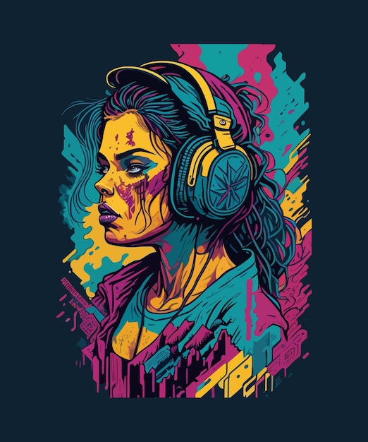 A digital art of a girl with headphones on her head