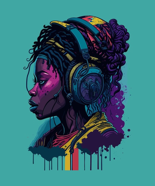 Vector digital art of an illustrated woman with headphones on and a lot of colours
