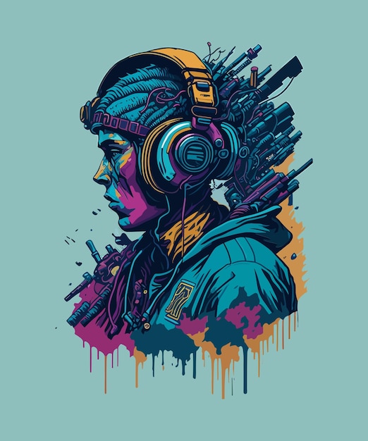 Digital art of an illustrated woman with headphones on and a lot of colours