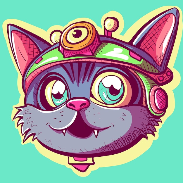 Вектор Цифровое изображение кошачьей головы с линзами и шапкой улыбающийся кот вектор носящий технологию