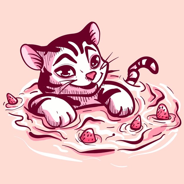 벡터 우유와 딸기와 함께 수영장에서 수영하는 호랑이의 디지털 아트 야생 고양이의 터