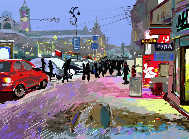 Vector digital art painting of evening winter city landscape vector version