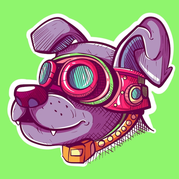 Vector digital art of a steampunk dog head wearing glasses conceptual futuristic design