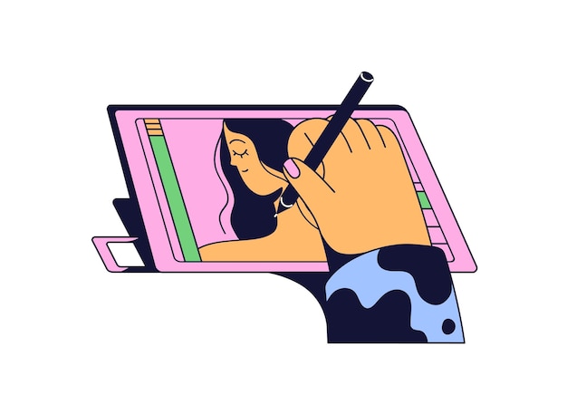 digital artist drawing picture with stylus on graphics tablet illustrator holds pen in hand painting on art device painter creates artwork on screen flat isolated vector illustration on white