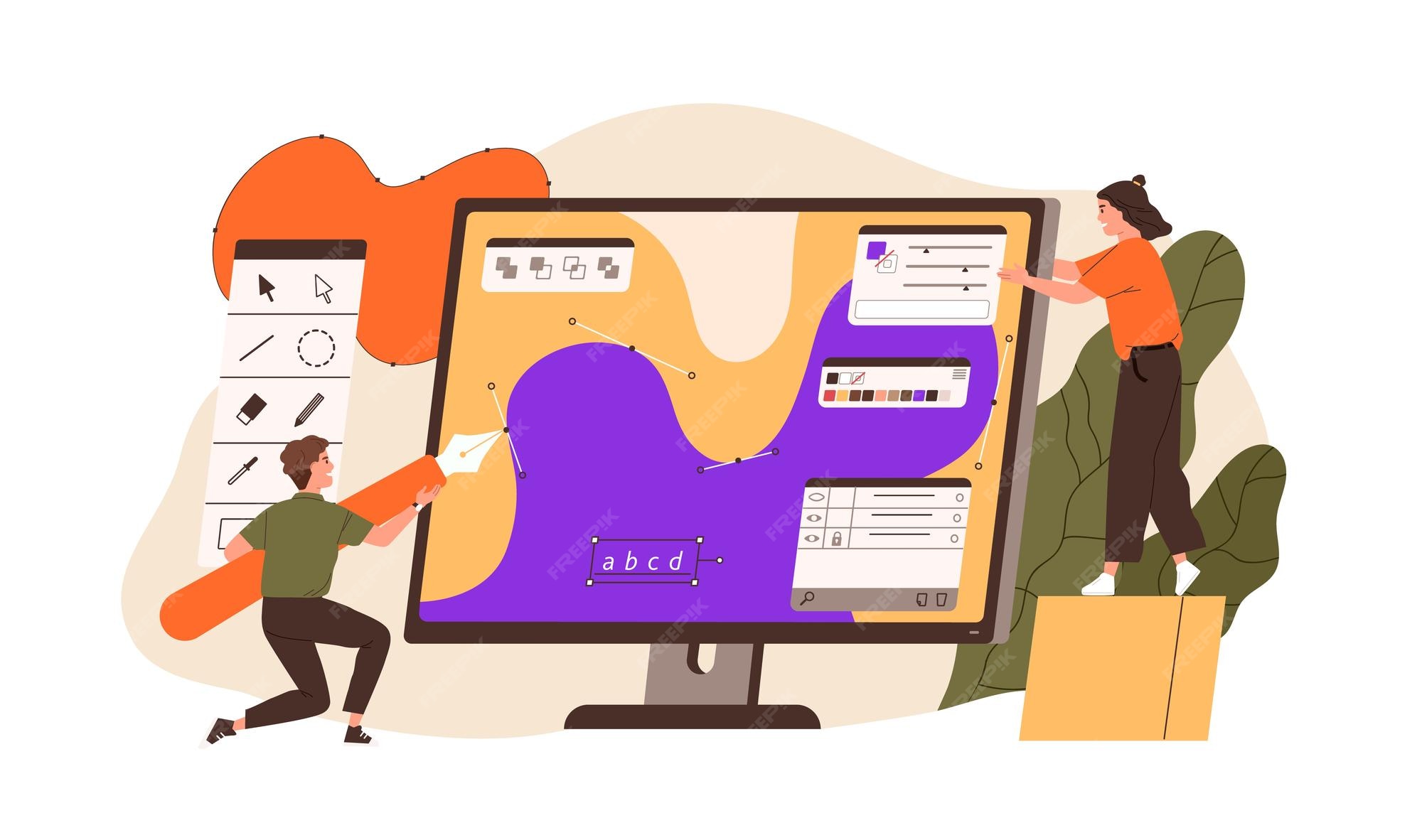 Premium Vector Digital artists drawing with pen tool in graphic