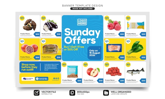 Vector digital banner design for supermarket discount product catalog
