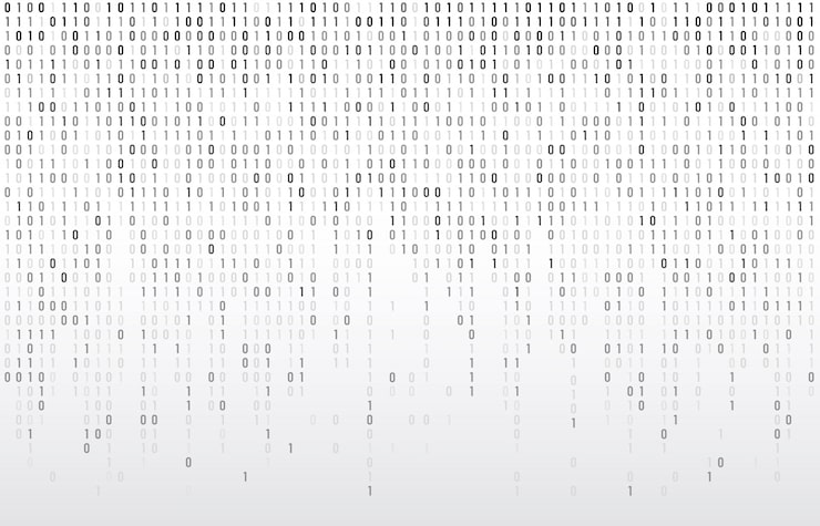 Vector digital binary code. computer matrix data falling numbers, coding typography and codes stream gray  background illustration