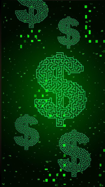 Digital Binary Code on Green Background with Dollars