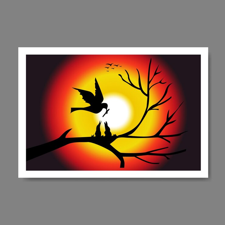 Vector digital black bird with sunlight painting illustration 2022