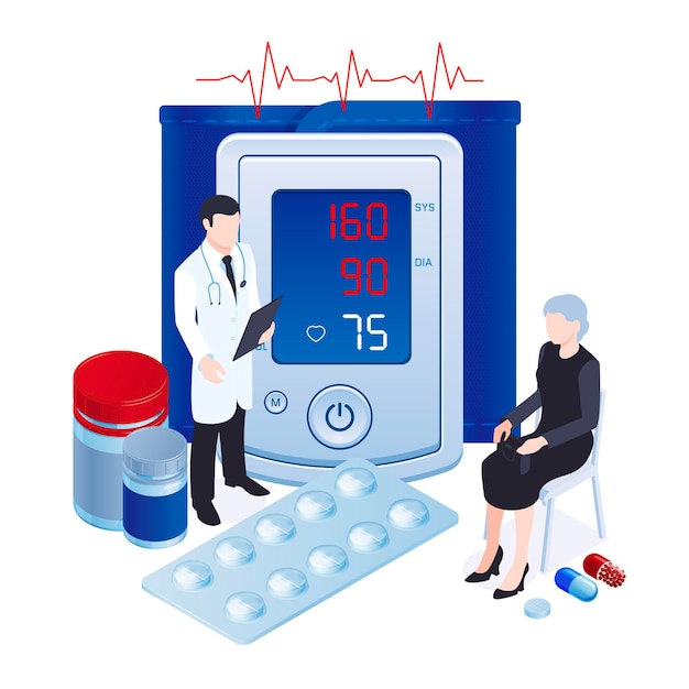 Digital blood pressure measuring tool monitor tonometer isometric composition with doctor prescribing hypertonic patient pills illustration