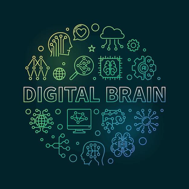 Digital brain concept ronde omtrek gekleurde banner vector illustratie