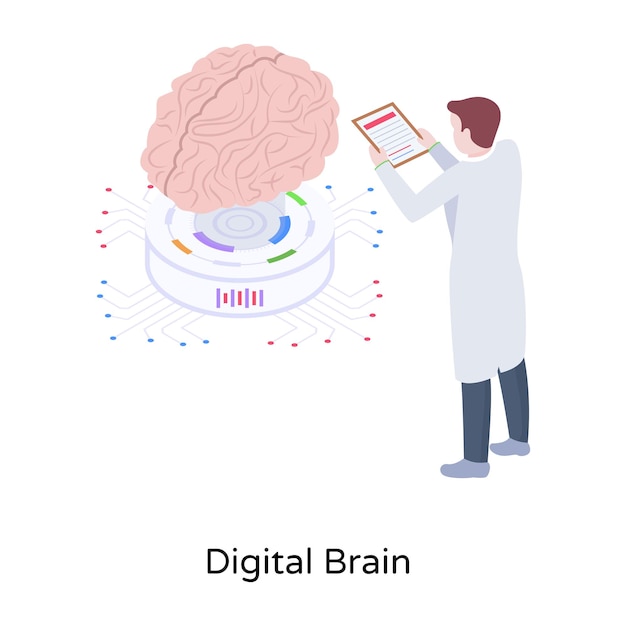 Vettore illustrazione isometrica del cervello digitale con struttura scalabile