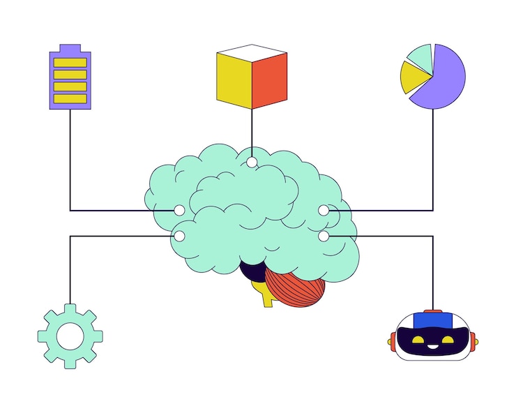 Vector digital brain machine learning 2d linear cartoon object