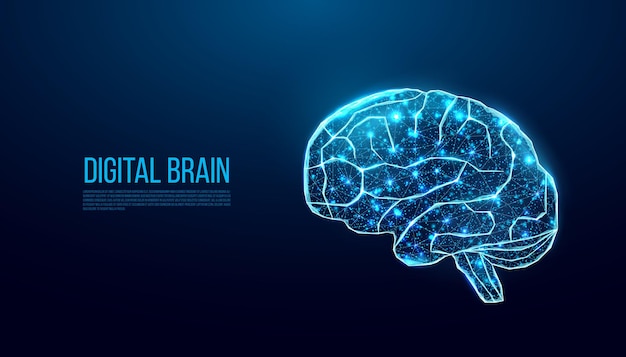 Digital brain wireframe.  banner template with glowing low poly human brain.