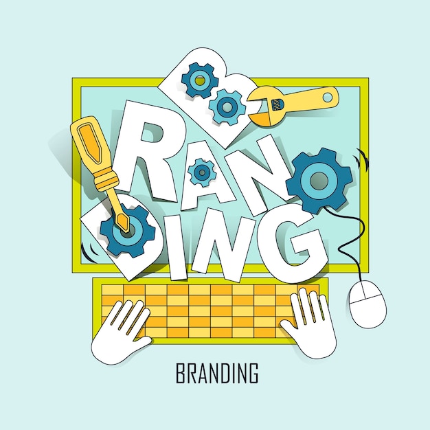 digital branding concept: branding word jumping out from computer in line style
