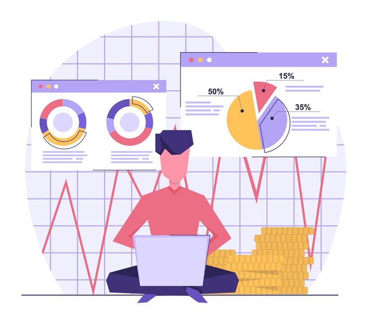 Vector digital business. a man works on a laptop computer. next to graphs and charts.