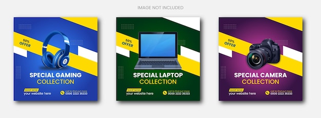 Vector digital camera and laptop, gaming collection sale social media post instagram post banner design