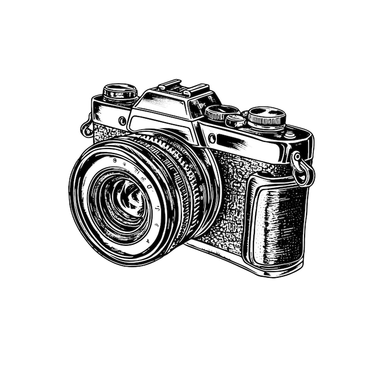 Vector digital camera vector drawing isolated hand drawn object engraved style illustration