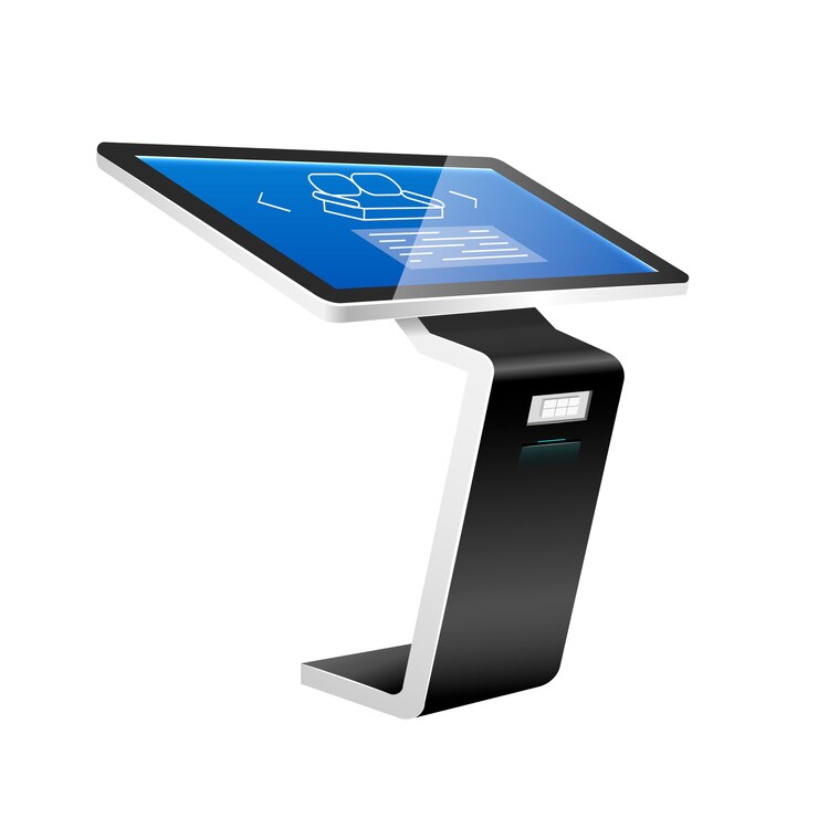 Vector digital catalogue board isometric illustration. product presentation equipment flat color object. promotion kiosk with sensor panel isolated on white background. interactive software