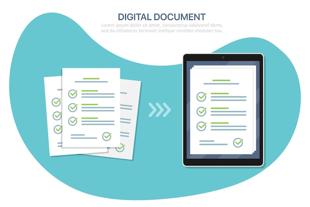 フラットなデザインのタブレットと紙のデジタルチェックリストドキュメント。ベクトルイラスト