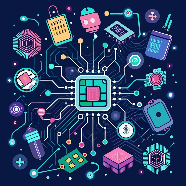 Vector digital circuit board design handdrawn tech chips artwork