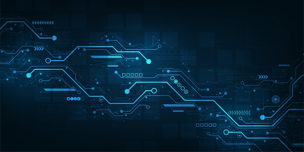 Digital circuit design on a dark blue background.