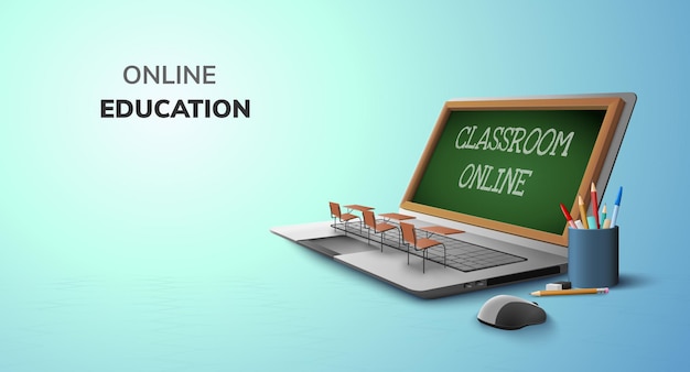 교육 개념 및 노트북에 빈 공간에 대한 온라인 디지털 교실