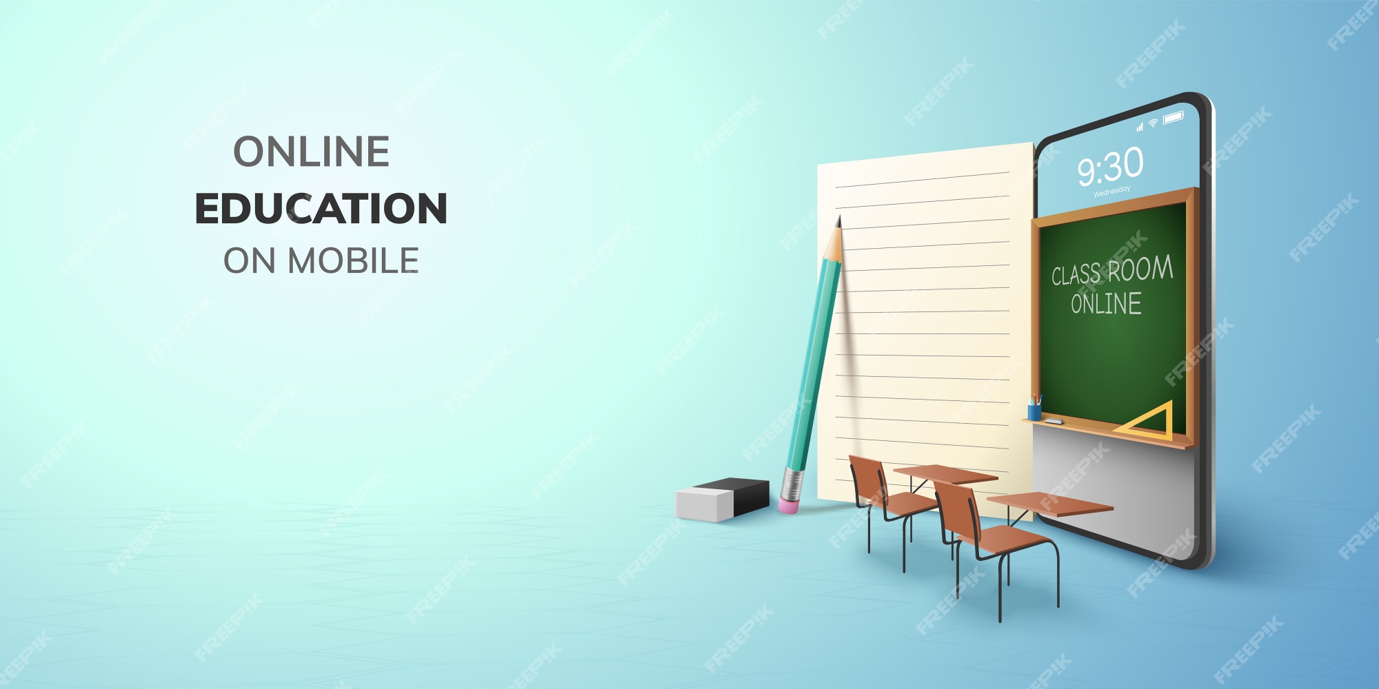 Premium Vector | Digital classroom online education internet and blank  space on phone, mobile website background. social distance concept. decor  by book pencil eraser student desk table chair. 3d illustration.