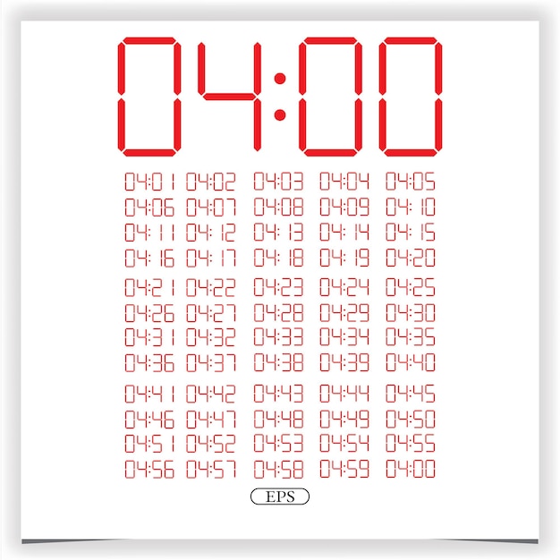 4시 빨간색 디지털 시계 번호 세트 전자 수치를 표시하는 디지털 시계 근접 촬영 Premium 벡터
