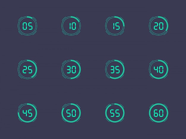 Vector digital clock number set with five minutes interval. electronic figures