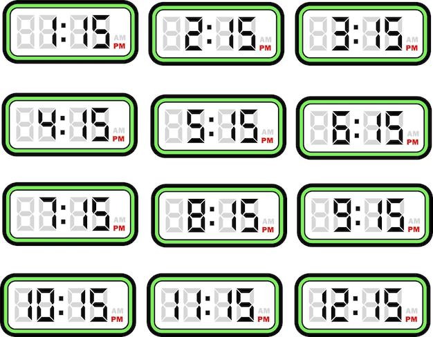 Digital Clock Time Flat Vector Set with 12 Hours Formats