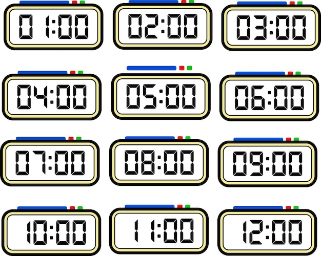 Digital Clock Time Flat Vector Set with 24 Hours Format