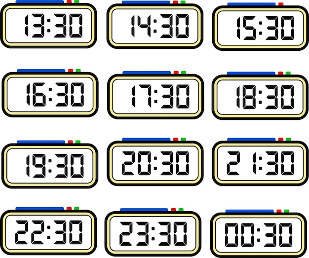 Digital Clock Time Flat Vector Set with 24 Hours Format