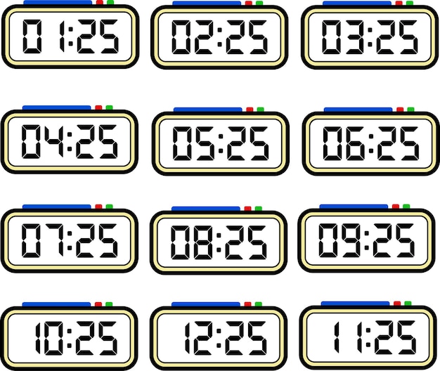 Vector digital clock time flat vector set with 24 hours format