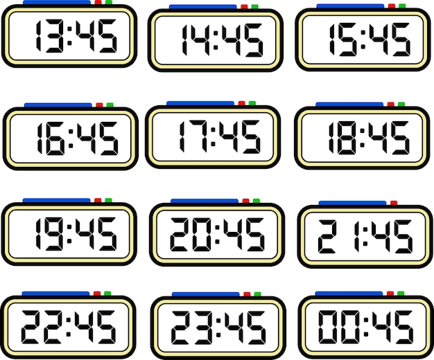 Digital Clock Time Flat Vector Set with 24 Hours Format