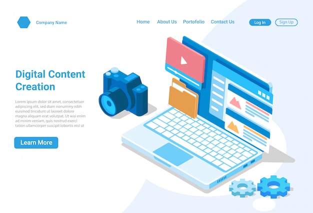 Concetto isometrico dell'illustrazione della creazione del contenuto digitale