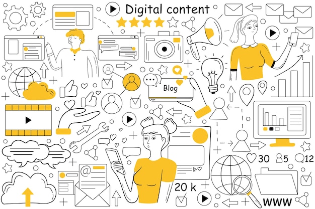 Insieme di doodle di contenuti digitali