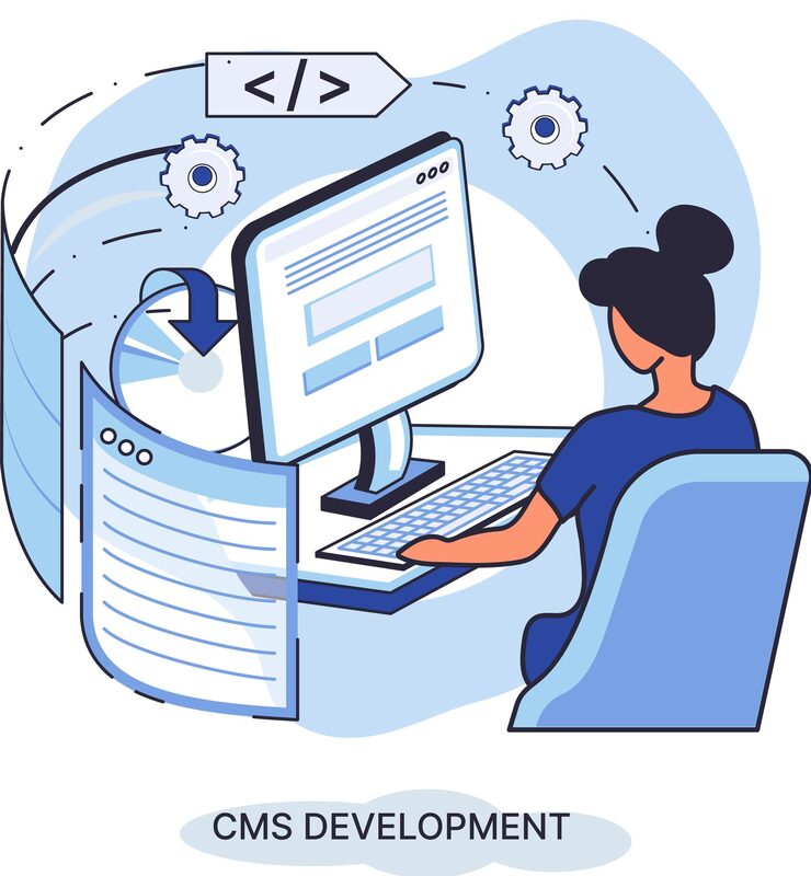 Vector digital content management system cms development software metaphor information system or computer program enable organize collaborative process of creating editing and managing soft in network